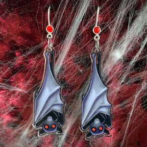 Vampiric Bat - Acrylic Hook Earrings - Gothic black bat with Red accents