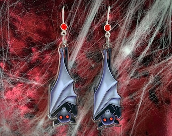 Vampiric Bat - Acrylic Hook Earrings - Gothic black bat with Red accents