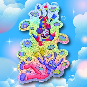 May include: A holographic sticker featuring a jester in a red and blue outfit falling alongside a purple rabbit-like character in pink pants. The scene is surrounded by floating, colorful eye-shaped icons against a shimmering, rainbow-textured background.