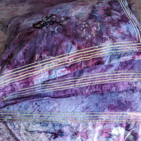 Beautiful queen size purple duvet set w/ silver embroidered trim ice dyed 100% cotton unique luxury linens comforter cover Luna Hues Studios