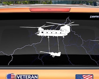 Decal of a CH-47 Chinook (L Side 6 M777) Vinyl Sticker, Howitzer, US Army, Aviation Gift. Product not endorsed, or licensed by Boeing.