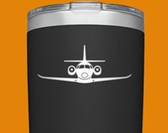 May include: Four different sizes of stainless steel tumblers with a silhouette of a private jet printed on them. The tumblers are in black, green, silver, and blue.
