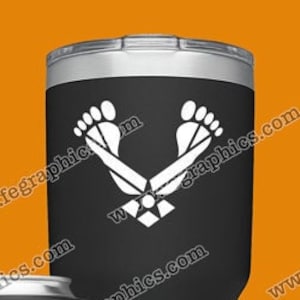 May include: Three different color stainless steel tumblers with a decal of a pair of footprints and a military insignia. The tumblers are black, green, and silver. The decal is white on the black tumbler, black on the green tumbler, and green on the silver tumbler. The text on the image reads "www.fegraphics.com Flight Engineered Graphics Aircraft Decals Veteran Owned Business Every Decal is Hand Made to order by me, NATE."
