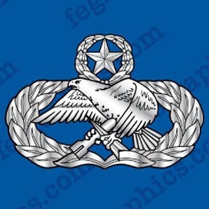 May include: A silver Air Force Space and Missile badge with a blue background. The badge features a stylized eagle with wings spread, holding a rocket in its talons. The eagle is perched on a wreath of laurel leaves. A star with five points is centered above the eagle.