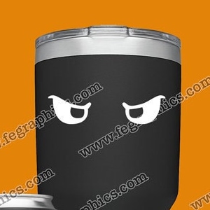 May include: Three different sizes of stainless steel tumblers with a black, green, and silver finish. Each tumbler has a pair of black eyes with white pupils. The tumblers are on a orange background. The text "www.fegraphics.com" is visible on the tumblers and the background.