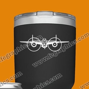 May include: Four different sizes of stainless steel tumblers with a black and white graphic of a vintage airplane on each. The tumblers are on a bright orange background. The text "www.fegraphics.com" is on the tumblers and the background.
