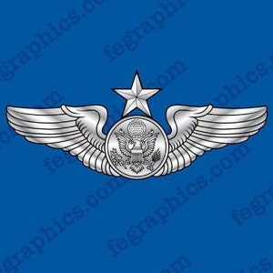 May include: A silver-colored pilot's wings pin with a star above a circular emblem featuring an eagle and shield. The wings are detailed with feather textures. The background is a solid blue color.