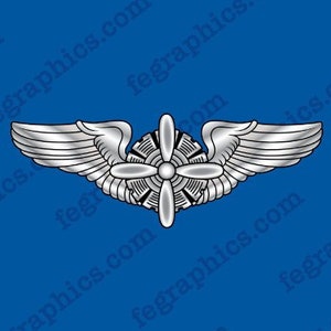 May include: A silver aircraft mechanic badge with wings and a propeller. The badge is on a blue background.