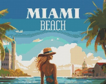 Miami Beach Bliss: A Coastal Dream in Blue Travel Poster Cross Stitch Pattern #01mb