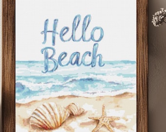 Hello Beach Cross Stitch Pattern Coastal Quote Seashells Ocean Decor Summer Wall Art (PDF) 14 ct
