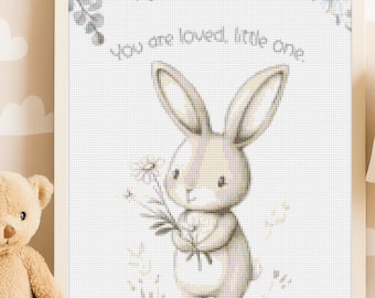 You Are Loved Bunny Cross Stitch Pattern Nursery Woodland Baby Room Wall Art (PDF) 14 ct