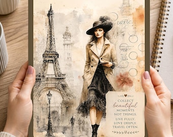 Paris Fashion 4-in-1 Printable Journal Inspirational Woman Eiffel Tower Writing Gratitude Planner Digital Download