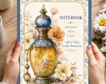 Blue Perfume Bottle 4-in-1 Printable Journal Floral Writing Gratitude Planner 8.5x11 Digital Download