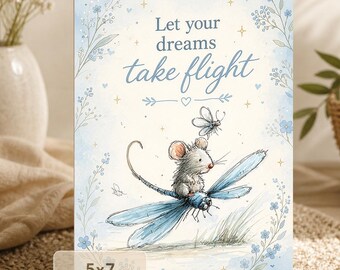Mouse Dragonfly | Whimsical Watercolor Greeting Card (Digital Download)