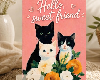 Watercolor Kittens Greeting Card | Hello Sweet Friend Art (Digital Download)