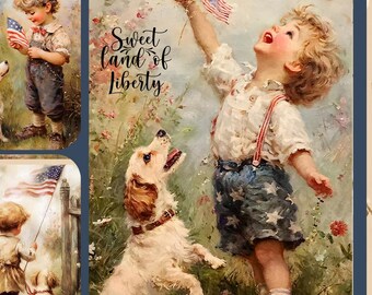 Patriotic Vintage Children Junk Journal Scrapbooking Gift Tags Card Toppers PDF Download