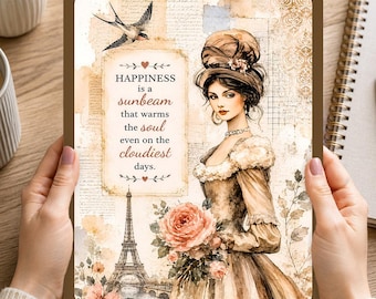 Paris Woman 4-in-1 Printable Journal Happiness Inspirational Vintage Floral Gratitude Planner 8.5x11 Digital Download