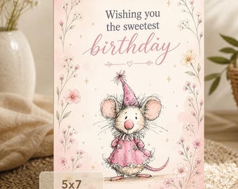 Sweetest Birthday Card | Adorable Mouse, Floral Watercolor Art (Digital Download)