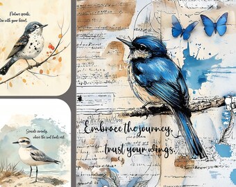 Nature-inspired Bird Quote Cards Junk Journal Scrapbooking Gift Tags Card Making Toppers PDF Download