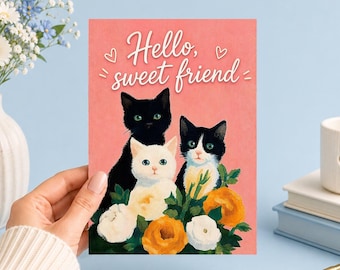 Hello Sweet Friend Watercolor Kittens | Printable 5x7 Art (Digital Download)Junk Journal, Ephemera, Scrapbook, Collage, Card Making