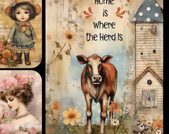 Whimsical Cow Floral Kindness Card Toppers & Tags Junk Journal Scrapbooking Printable PDF