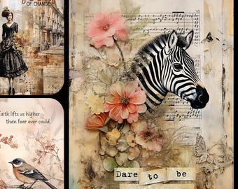 Zebra Bird Inspirational Card Toppers and Tags Junk Journal Scrapbooking  PDF Download