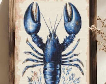 Blue Lobster Nautical Cross Stitch Pattern Coastal Ocean Sea Life Wall Art (PDF) 14 ct