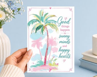 Sunny Minds Happy Hearts | Tropical | Printable 5x7 Journal Art (Digital Download)Junk Journal, Ephemera, Scrapbook, Collage, Card Making