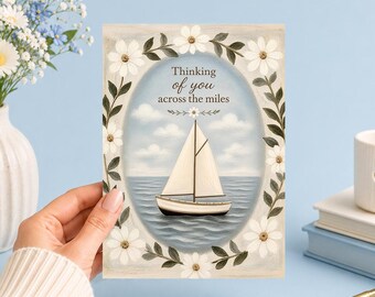 Thinking of You Across the Miles | Printable 5x7 Art (Digital Download) Sailboat Junk Journal, Ephemera, Scrapbook, Collage, Card Making