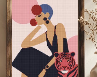 Modern Muse With Crimson Tiger Cross Stitch Pattern Contemporary Art Wall Decor  (PDF) 14 ct