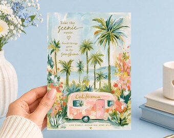 Take the Scenic Route California Coastal Art Card | Whimsical Travel Art Card