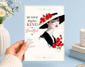 Fashion Botanical Art Card: Inspirational Quote, Red Floral Illustration (Digital Download)