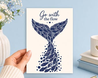 Go With the Flow Coastal Whale Card | Printable 5x7 Greeting Card (Digital Download) Junk Journal, Ephemera, Scrapbook, Collage, Card Making