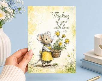 Thinking Of You With Love | Mouse | Printable 5x7 Art (Digital Download)Junk Journal, Ephemera, Scrapbook, Collage, Card Making