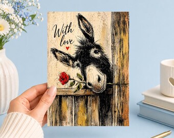 Donkey With Rose Rustic Love | Printable 5x7 Art (Digital Download) Junk Journal, Ephemera, Scrapbook, Collage, Card Making