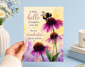 Bee and Coneflower | Hello Encouragement | Printable 5x7 Art Card (Digital Download)