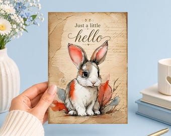 Just a Little Hello | Bunny Card | Printable 5x7 (Digital Download)Junk Journal, Ephemera, Scrapbook, Collage, Card Making