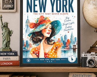 New York City Travel Poster Manhattan Skyline Fashion Art 8x10 Printable Wall Art Poster Decor