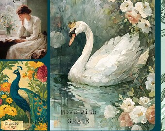 Swan & Peacock Fairytale Art, Junk Journal Cards (PDF Download)