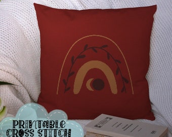 Boho Rainbow | Modern Abstract | Red and Beige | Printable Cross Stitch Pattern Pillow Top or Tote Bag Front