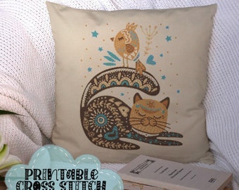 Brown Folk Art Cat and Bird | Printable Cross Stitch Pattern Pillow Top or Tote Bag Front
