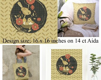 Lovely Cross Stitch Pattern Mother Bird and Babies in Nest with Floral Accents Earth Tones Red Flowers Printable Embroidery Instant Download
