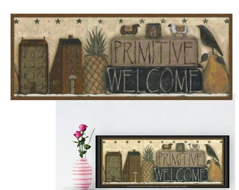 Primitive Welcome Printable Cross Stitch Pattern with Crow, Pear, Saltbox Houses, Pineapple, and Sheep Embroidery Country Home Decor