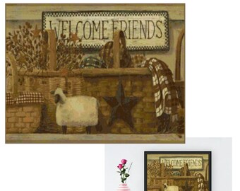 Primitive Welcome Friends Cross Stitch Pattern: Rustic Design with Sheep, Baskets, Berries, and Stars Embroidery Country Home Decor