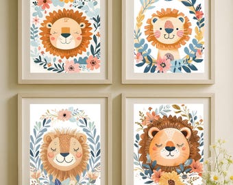 Lion Nursery Art Set: Jungle Animal Prints with Midjourney Prompt (Digital Download 8x10
