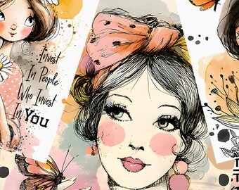 Vintage Girl Motivational Wordart Cards Scrapbook Junk Journal Gift Tag Crafts Typography