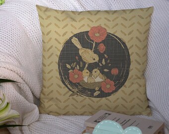 Bird Song Earth Tones | Printable Cross Stitch Pattern Front of Pillow or Tote Bag | Bird Nest |