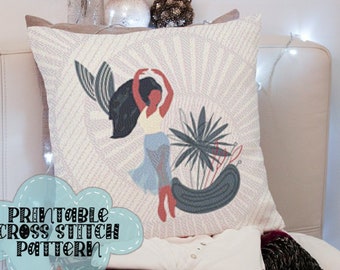 Ballerina in Blue | Lovely Dancer | Printable Cross Stitch Pillow Top Front - Tote Bag Front - or Framed