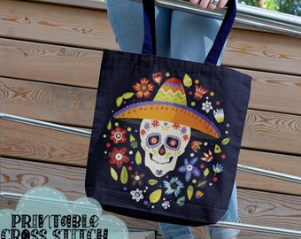 Mexico | Day of the Dead Skull | Cinco de Mayo | Printable Cross Stitch Pattern Pillow Top or Tote Bag Front