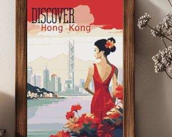 Hong Kong Travel Poster Cross Stitch Pattern: Elegant Lady, Skyline (Digital Download)